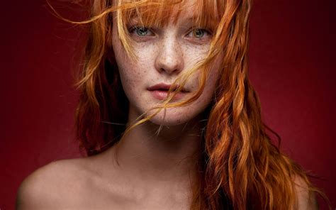 Women Redhead Face Freckles Kacy Anne Hill Green Eyes Bare Shoulders Hair In Face Wallpaper
