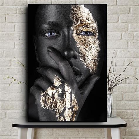 Black African American Woman Wall Art With Gold Oil Prints Black And