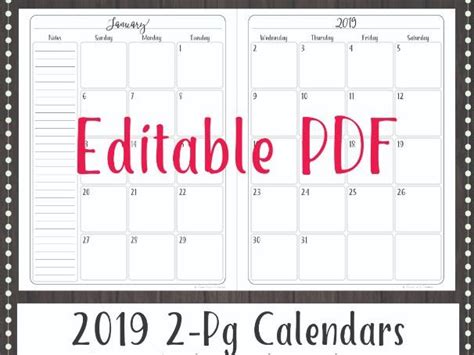 Editable 2019 Monthly Calendar 2 Page Spread Teaching Resources