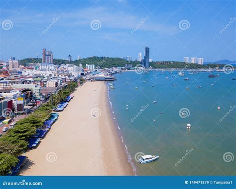 Aerial View Of Boats In Pattaya Sea Beach In Summer And Urban City