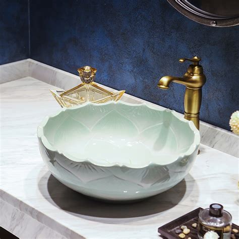 Round Western Antique Chinese Ceramic Green Bathroom Basin Hand Wash