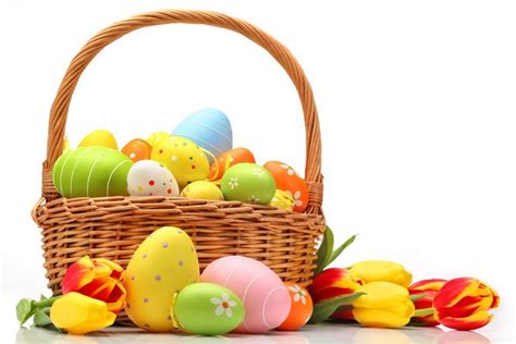 4k Holidays Easter Tulips Wicker Basket Eggs Hd Wallpaper
