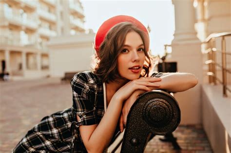 Free Photo Dreamy French Girl Posing On Bench Outdoor Portrait Of