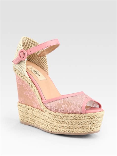 Lyst Valentino Glamorous Lace Leather Espadrille Wedge Sandals In Pink