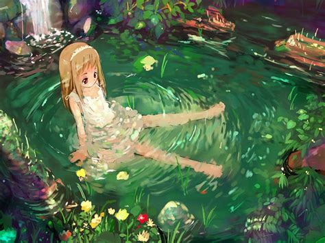 Girl At The Pond Pond Water Green Girl Anime Flowers Hd