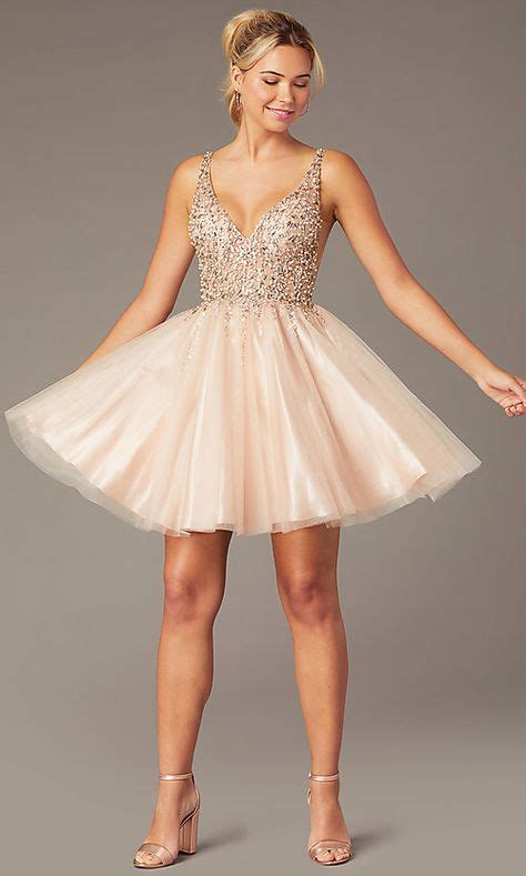 Tulle Beaded Bodice Short Homecoming Dress In Tan In Short