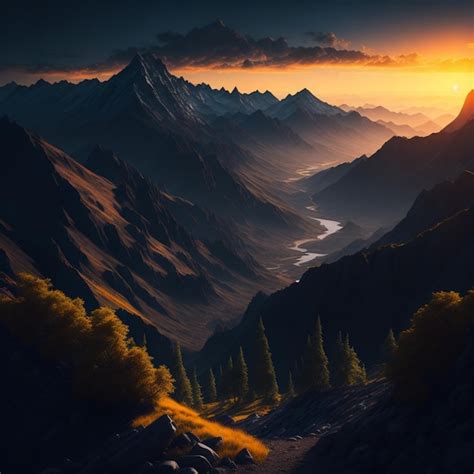 Premium Ai Image Mountains During Sunset Beautiful Natural Landscape