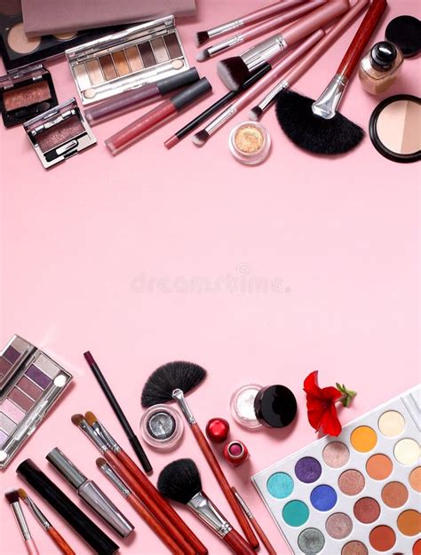 Cosmetics Background Top View Makeup Brushes And Cosmetics On A Pink