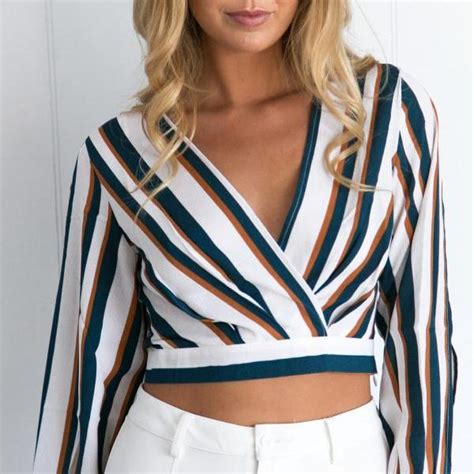 Long Sleeved Deep V Neck Crop Top With Vertical Stripes On Luulla