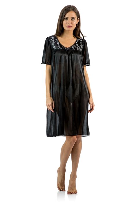 Casual Nights Womens Satin Embroidery Lace Short Sleeve Nightgown Black La9024bk