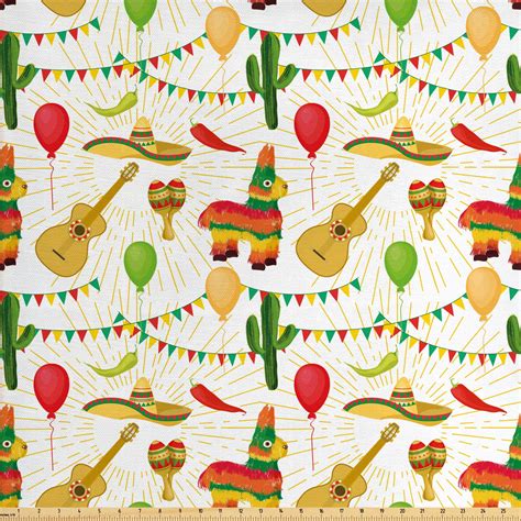 Cinco De Mayo Fabric By The Yard Colorful Cartoonish Design Pattern Of
