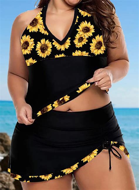 Womens Plus Size Sunflower Tankini With Skirt V Neck Drawstring Padded