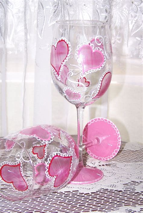 Valentine Heart Glasses Set Of Two Painted Etsy Manualidades Con