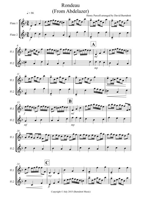 Rondeau From Abdelazer For Flute Duet Sheet Music Henry Purcell