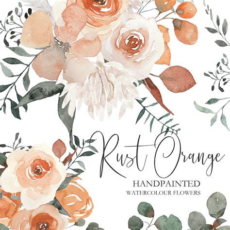 Boho Rust Orange Watercolor Flowers Hand Painted Watercolor Etsy