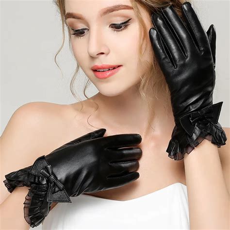buy female genuine leather sheepskin bow lace touch screen gloves women winter