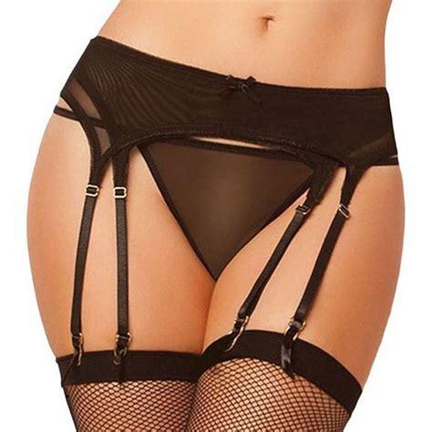 Hoiert Womens Bowknot Perspective Thigh High Stockings Garters Belt Suspender G String One Size
