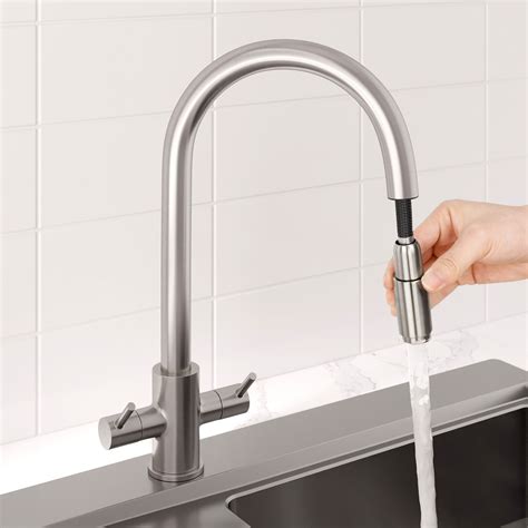 Modern Kitchen Tap Double Lever Pull Out Spray Brushed Finish Hot And