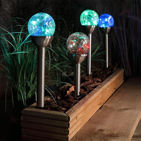 Set Of 4 Colour Changing Solar Crackle Ball Stake Border Pathway Lights
