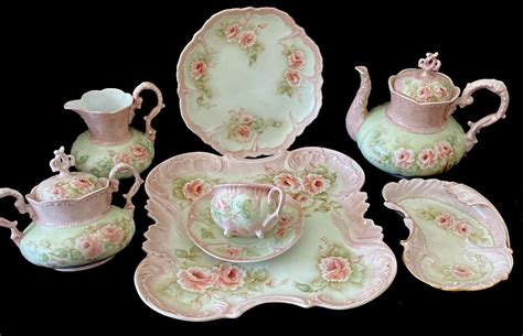 Vintage Roses Tea Set 10pc Hand Painted Embossed Porcelain Pink Cottage