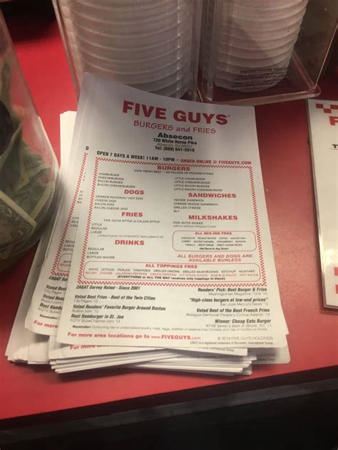 Menu at Five Guys fast food, Absecon, 720 White Horse Pike