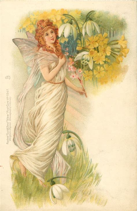 Vintage Post Card Fairy In White Faces Right Looks At Snowdrops