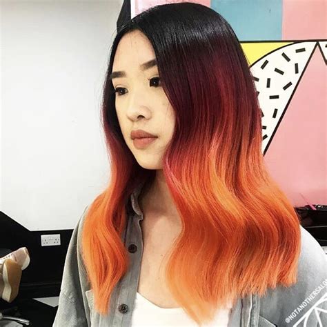 Red orange ombre short hair. Ombre black to bright orange red sunset hair ...