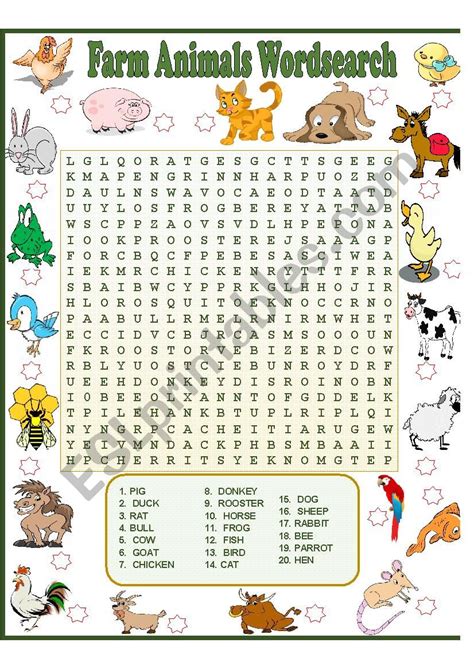 Farm Animal Word Search Full English Worksheets For Kids Farm Farm