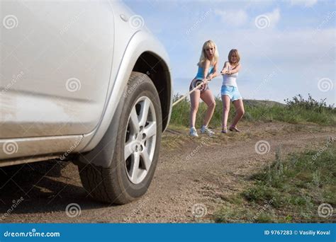 Girls Tugging Car Stock Image Image Of Woman Helplessness 9767283