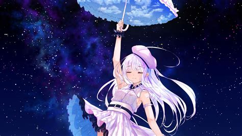 Download Wallpaper 2560x1440 Girl Smile Umbrella Starry Sky Anime