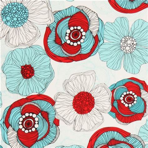 White Flower Fabric By Robert Kaufman Red Teal Flower Fabric Fabric