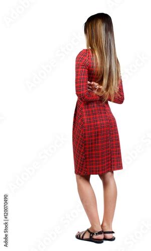 Back View Of Standing Young Beautiful Woman Girl Watching Girl In Red