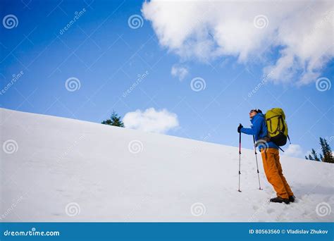 Mountain Climber Walks On A Snowy Slope Stock Photo Image Of High