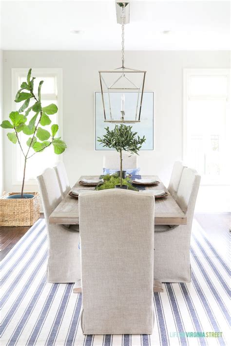 Fall Dining Room With Blue And White Striped Rug Natural Wood Table