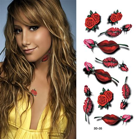 Waterproof Temporary Tattoo Sticker On Body Sexy 3d Red Lips Tattoo Kiss And Rose Water Transfer