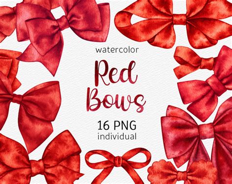 Watercolor Red Bows Clipart Handpainted T Bows Png Digital Etsy