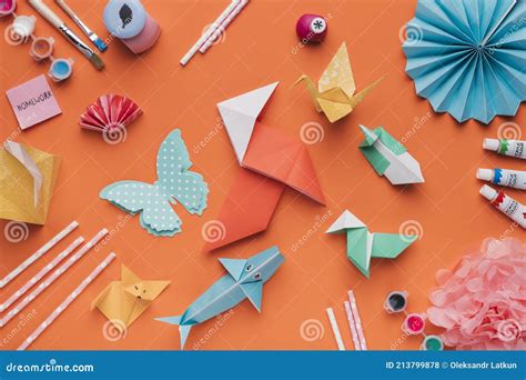 Set Origami Paper Art Paintbrush Watercolor Straw Orange Backdrop High