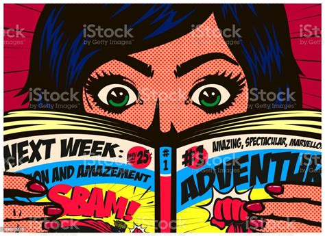 Pop Art Comics Style Excited Girl Reading Comic Book Or Graphic Novel