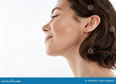 Side View Of Pretty Smiling Brunette Female Stock Photo Image Of
