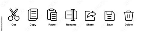 Cut Copy Paste Rename Share Save And Delete Icon Symbol Collection In Line And Glyph Style