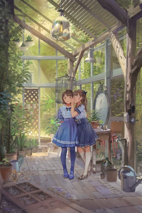 Wallpaper Phone Anime Girls Blue Dress Greenhouse 1035x1553