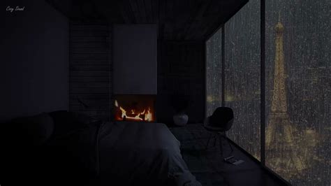 Cozy Rainy Night Paris With Rain Sounds Thunderstorm Fireplace In