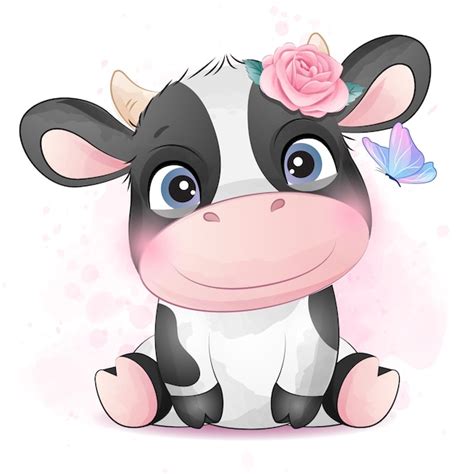 Pequeña Vaca Linda Con La Ilustración De La Acuarela Vector Premium