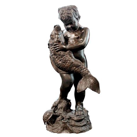 Bronze Boy Holding Fish Fountain Sculpture Metropolitan Galleries Inc