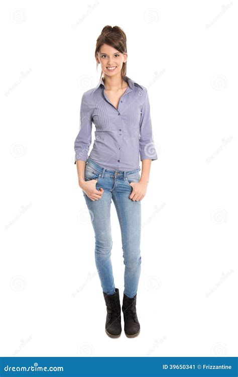 Isolated Pretty Woman In Blue Jeans And Full Body Length Stock Image