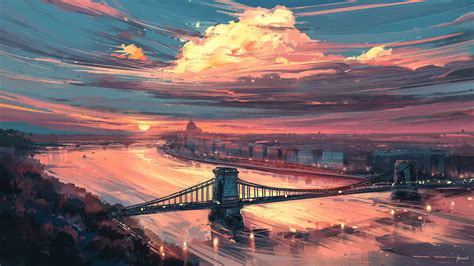 Artwork Digital Art Bridge Sunset Clouds Aenami Budapest Hungary