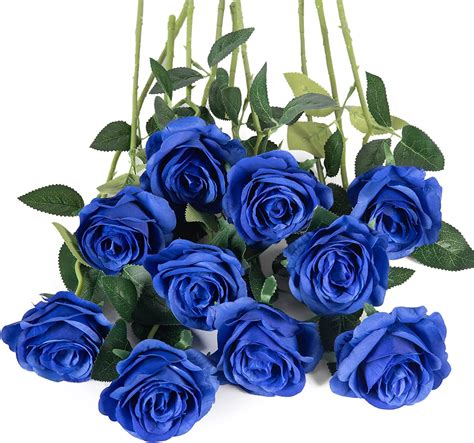 Flojery 10pcs Royal Blue Silk Roses Artificial Rose Flowers Long Stem