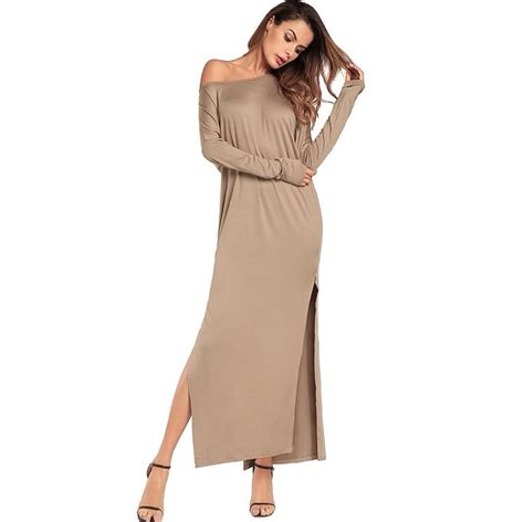 2018 New Women Slash Neck Loose Dress Strapless Long Sleeve High Cut Long Split Dress Maxi Floor