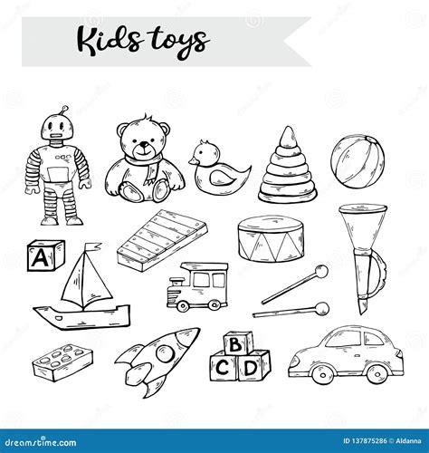Vector Hand Draw Kids Toys Set In Doodle Styleisolated On A White