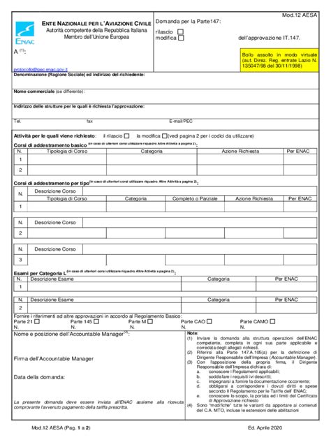 Fillable Online Easa Form 12 Domanda Di Approvazioen A Parte 147 Fax
